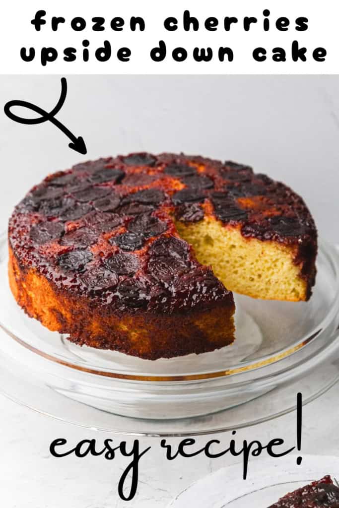 Cherry upside down cake text overlay image for pinterest.
