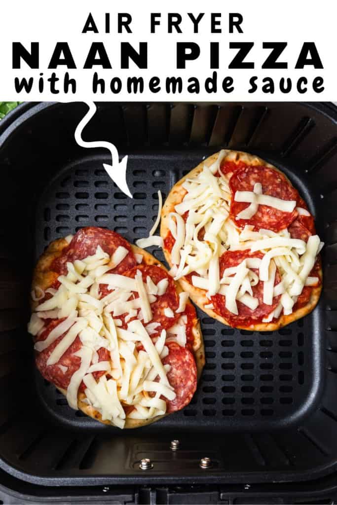 Air fryer naan pizza image with text overlay for pinterest.