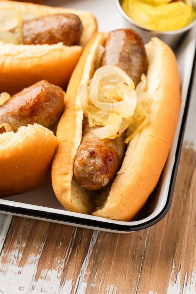 A juicy air fryer brat in a bun.