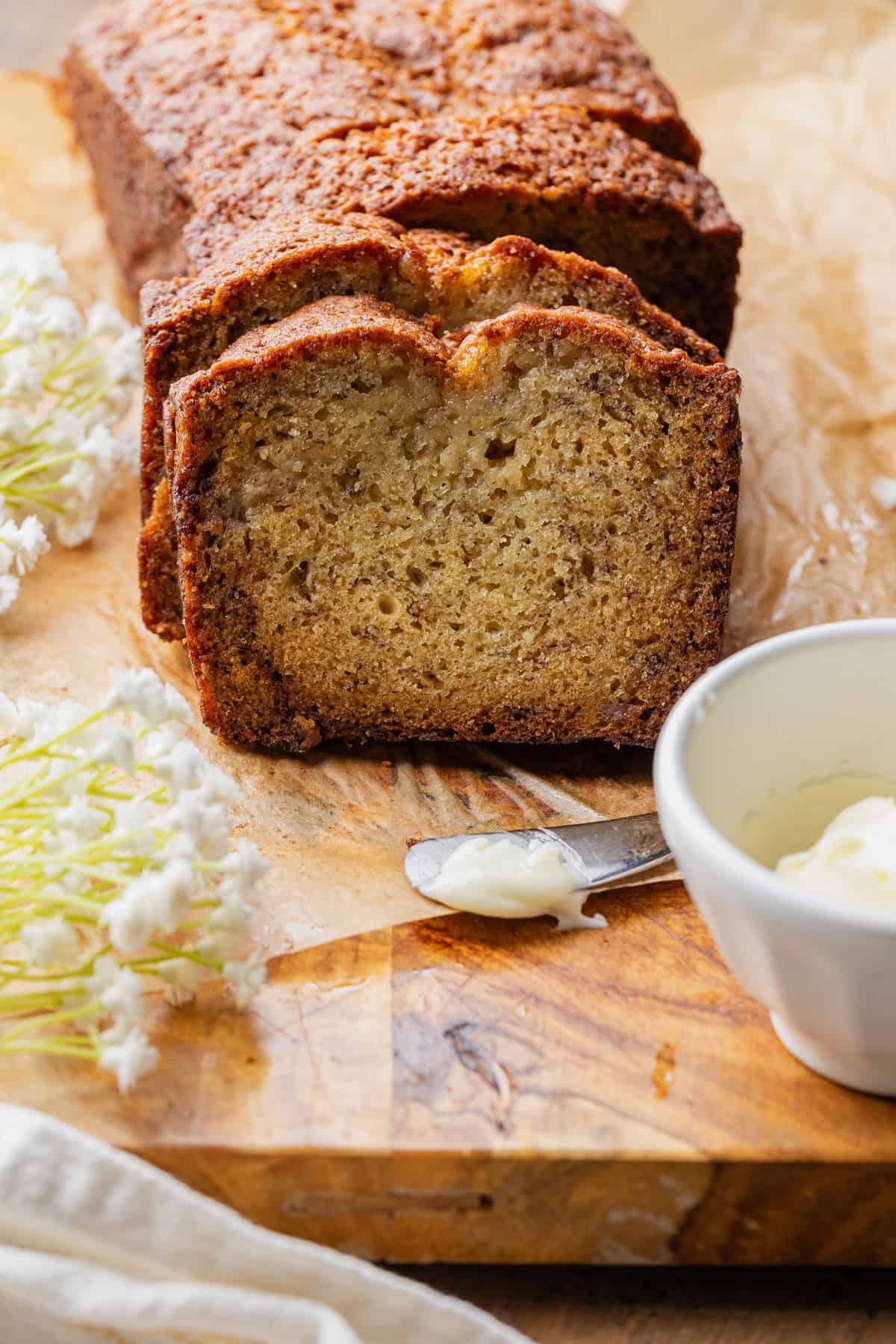 A loaf of banana bread sliced.