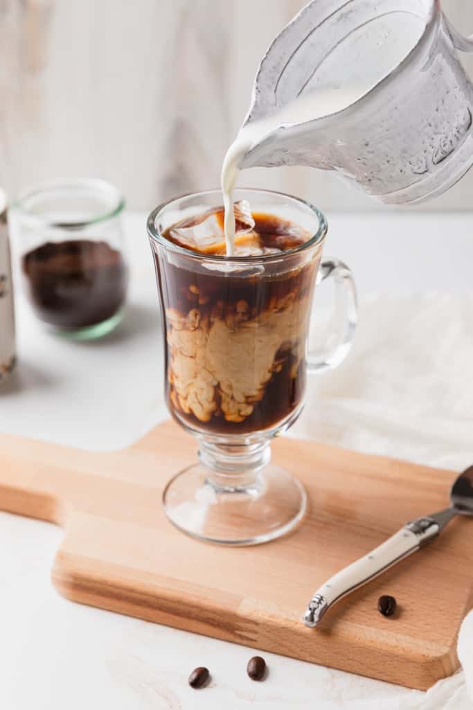 Iced coffee drink with cream and simple syrup.