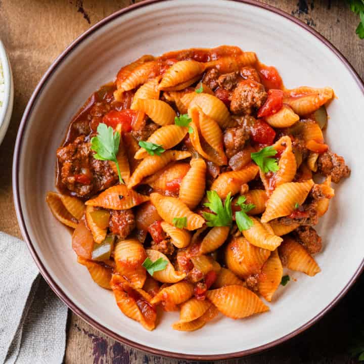 American chop suey with ground beef in a bowl.