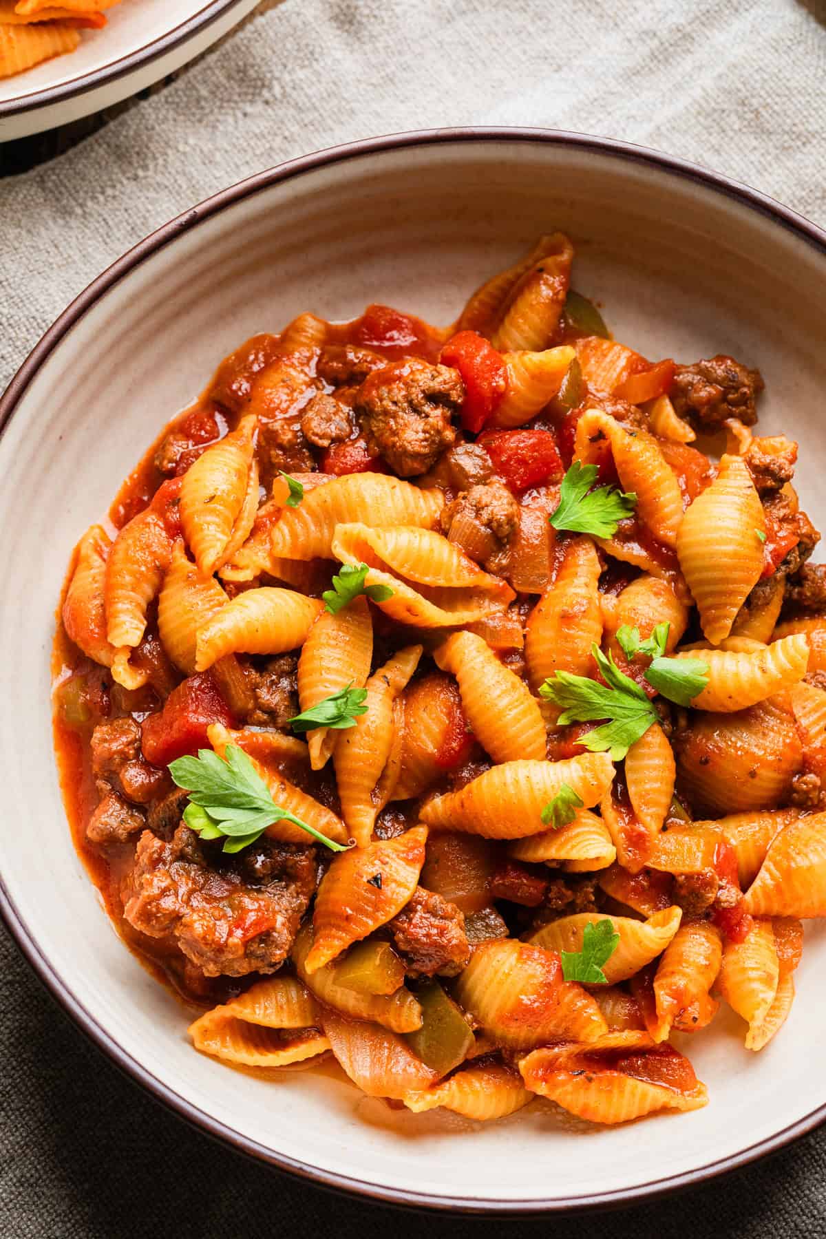 The completed American chop suey with ground beef recipe in a serving bowl.