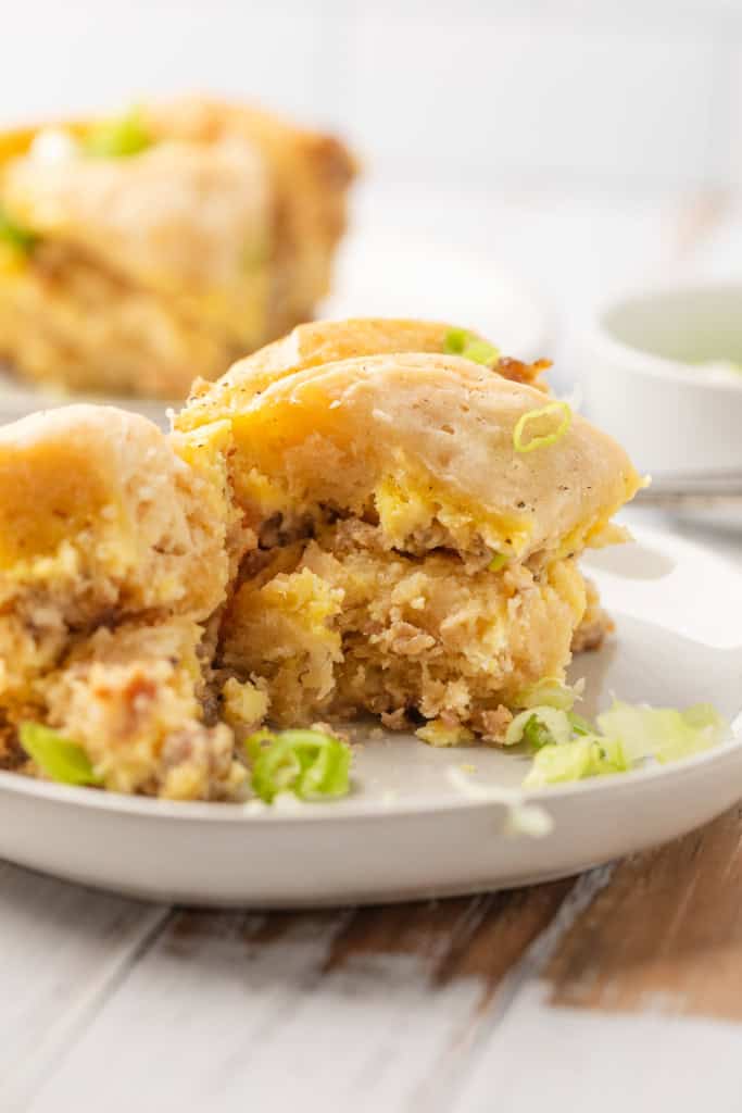 Crockpot biscuits and gravy casserole on a plate.