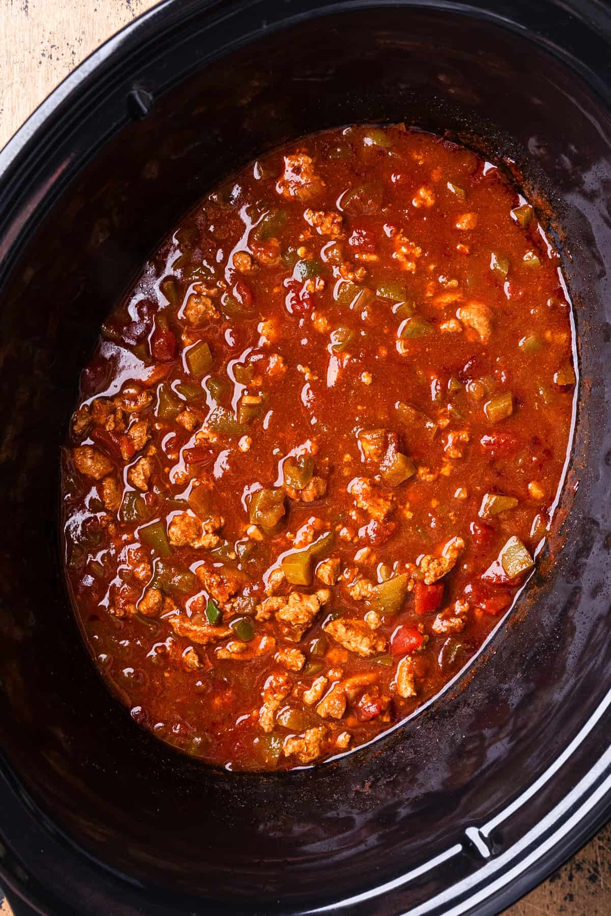 The completed turkey chili no beans in the cooker.