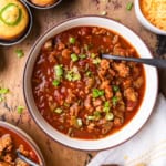 Slow cooker turkey chili no beans recipe created and served in a bowl.