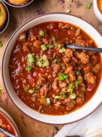 Slow cooker turkey chili no beans recipe created and served in a bowl.