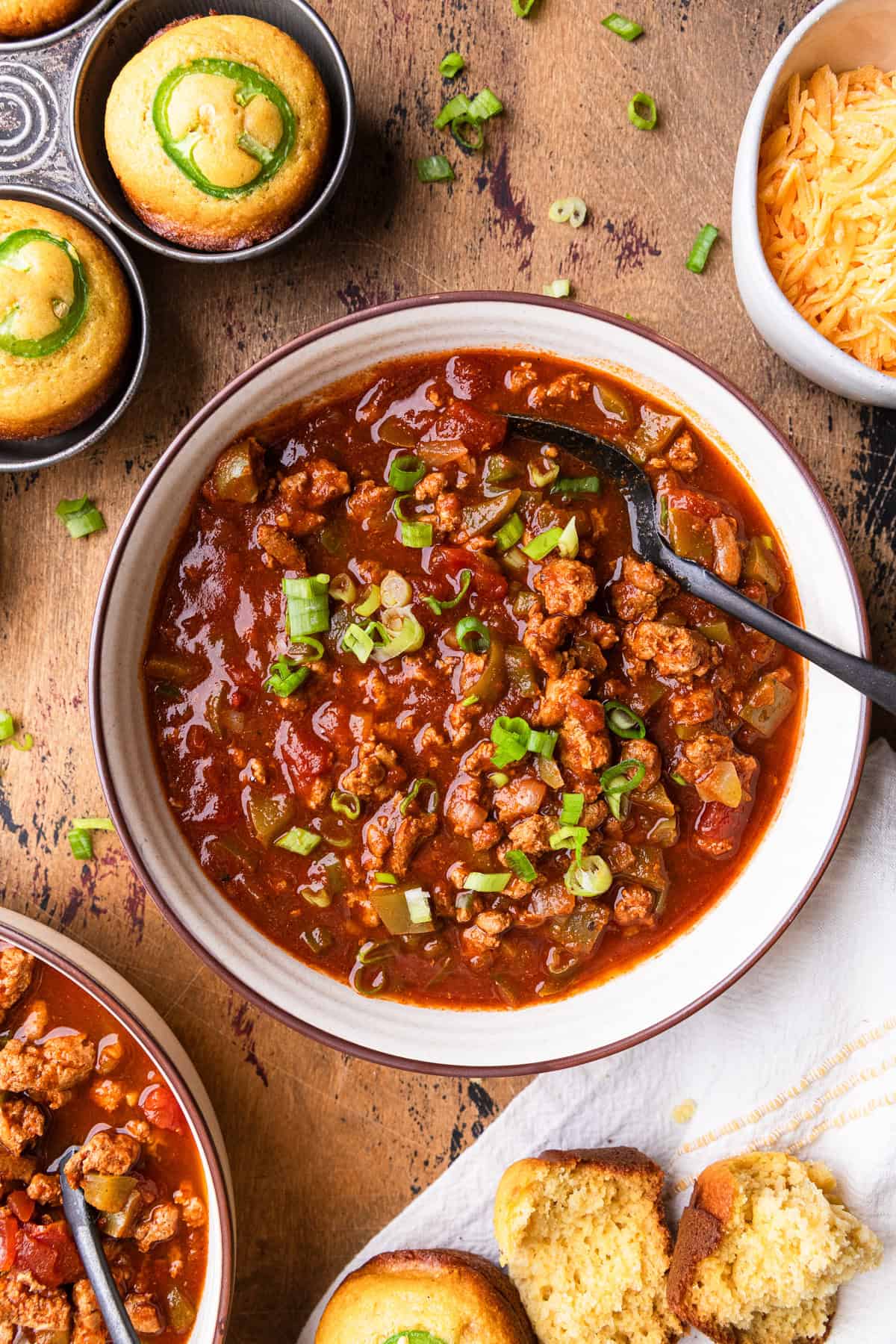 Turkey chili in a bowl.