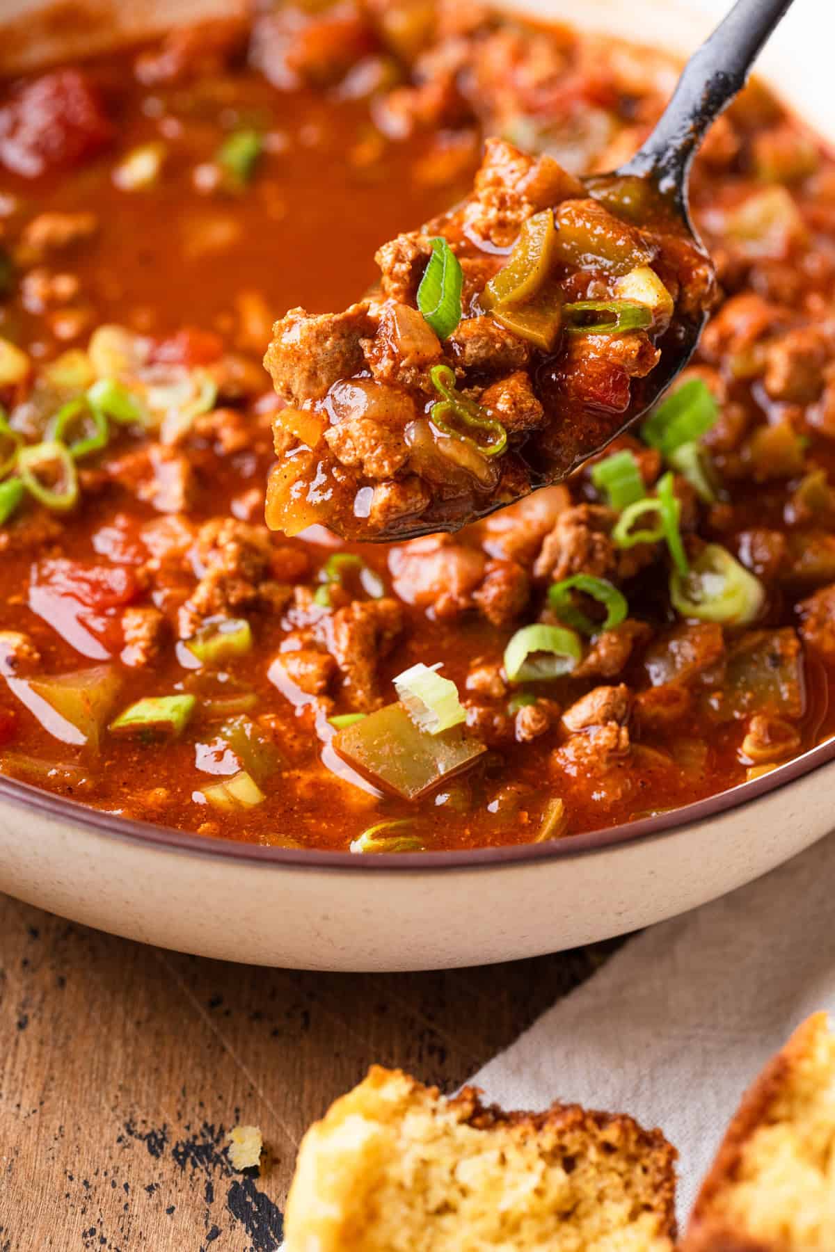 Turkey chili without beans in a bowl.