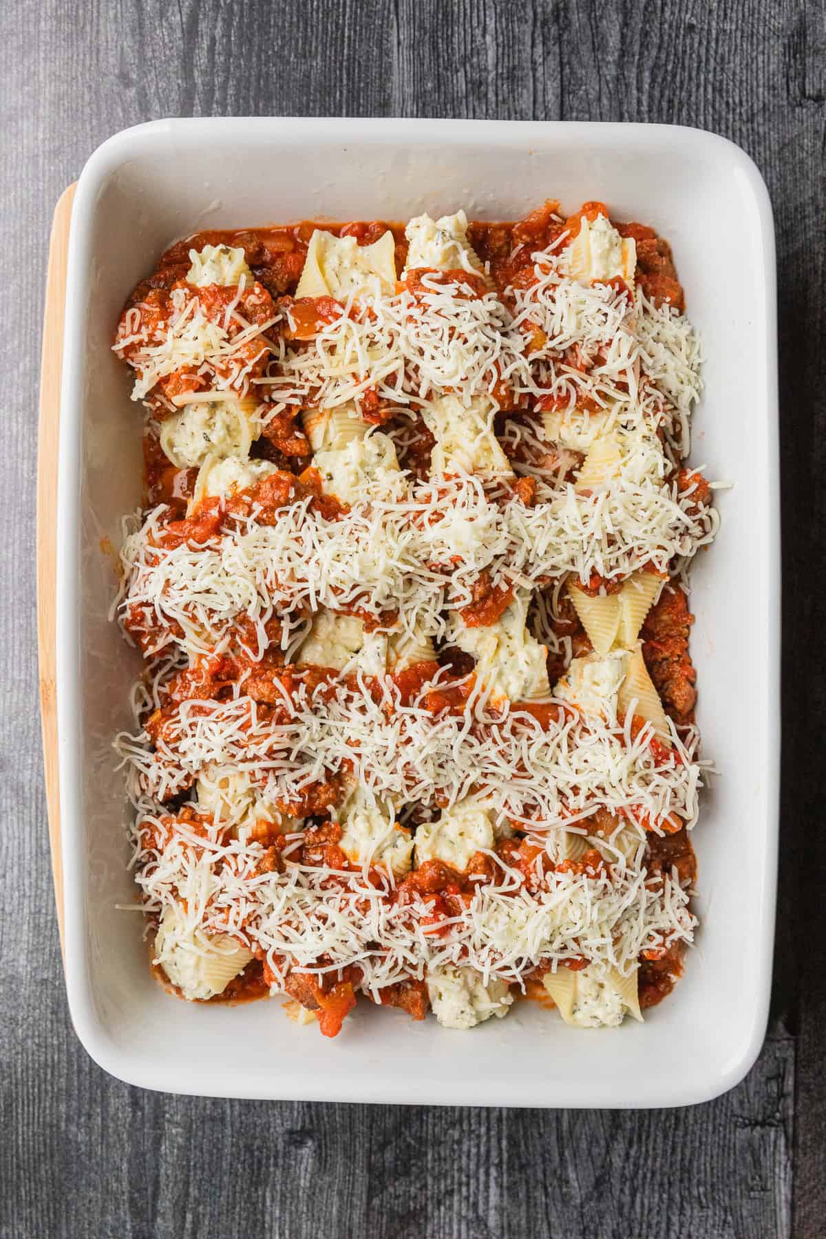 The stuffed shells before going in the oven.