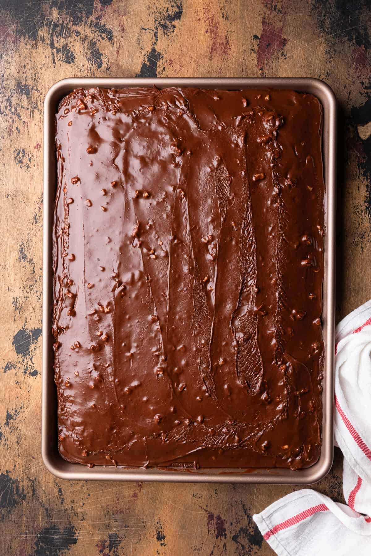 Buttermilk chocolate sheet cake prepared.