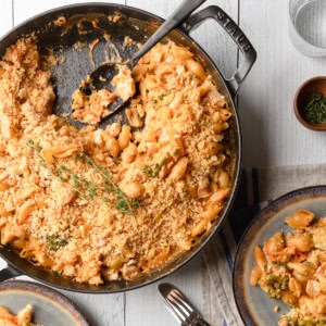 The broccoli chicken casserole in a skillet.