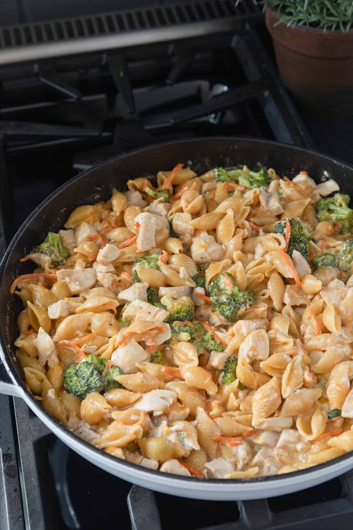 Simmering ingredients in a skillet.