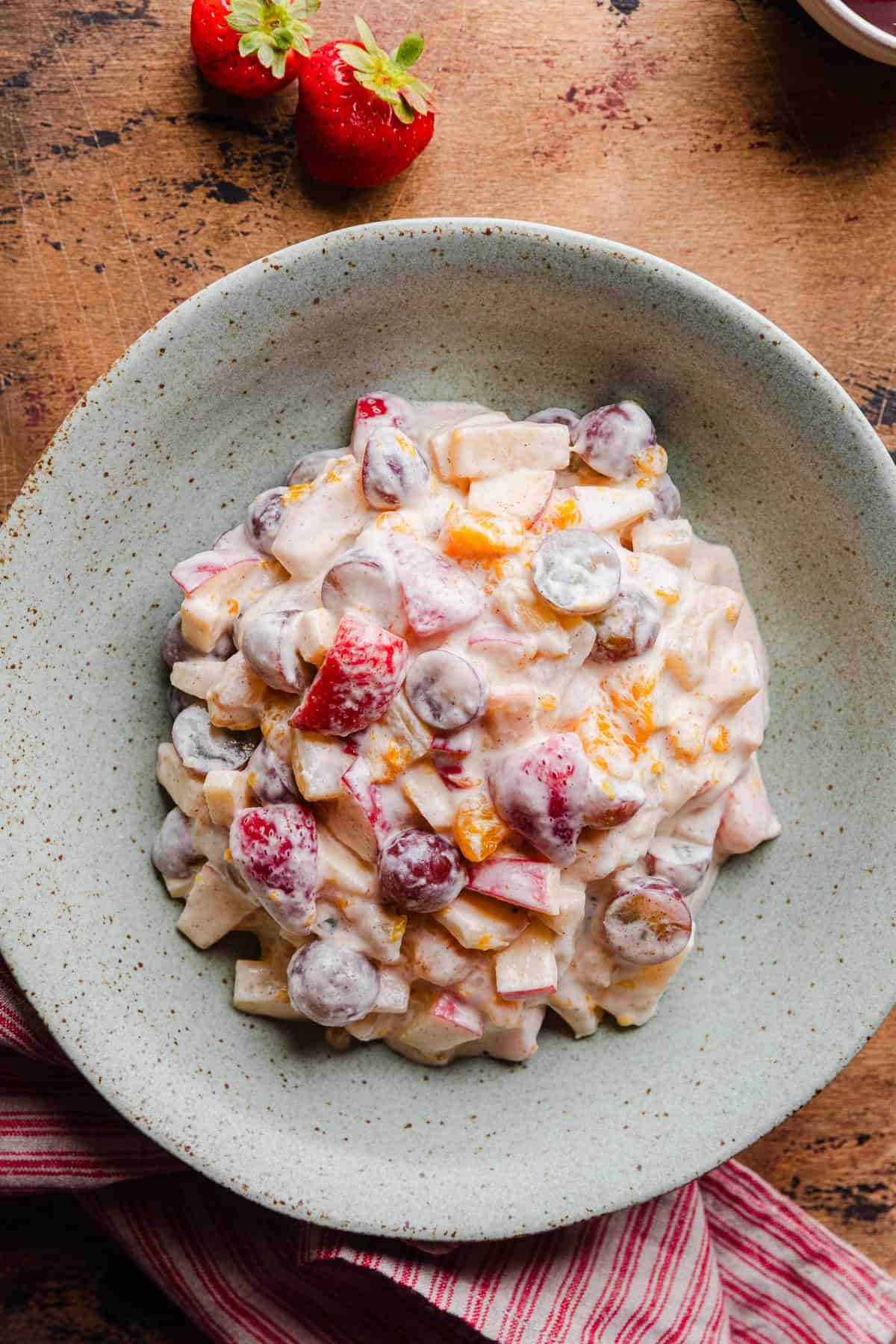 Fruit salad in a serving bowl.