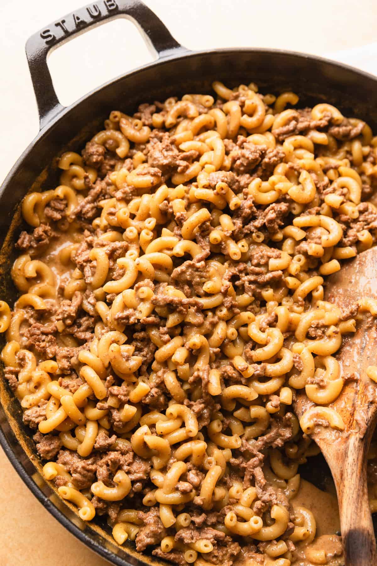 The completed hamburger helper copycat in a skillet.