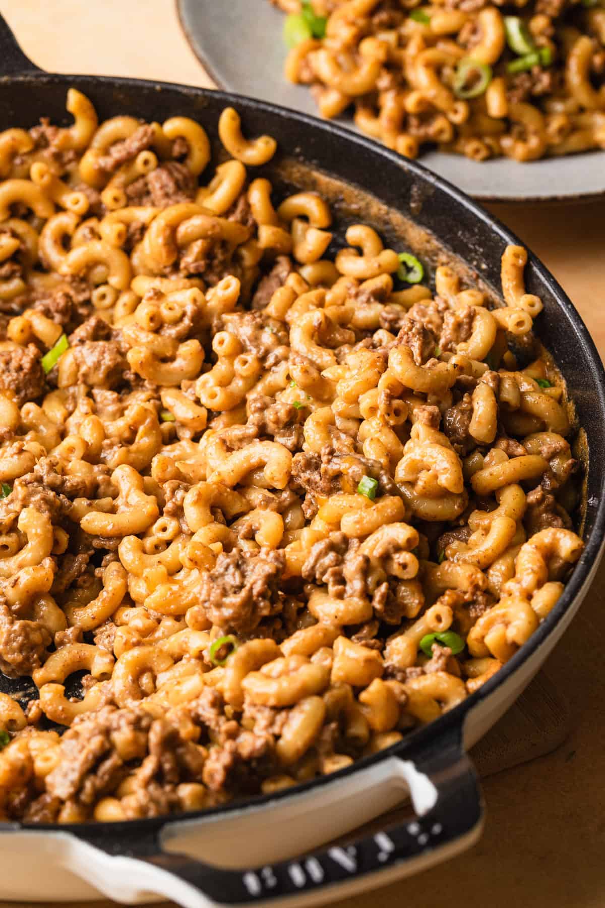 The completed hamburger helper cheeseburger pasta.