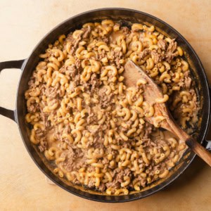 A skillet of hamburger helper copycat.