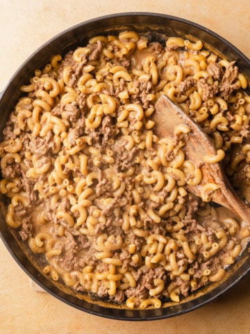 A skillet of hamburger helper copycat.