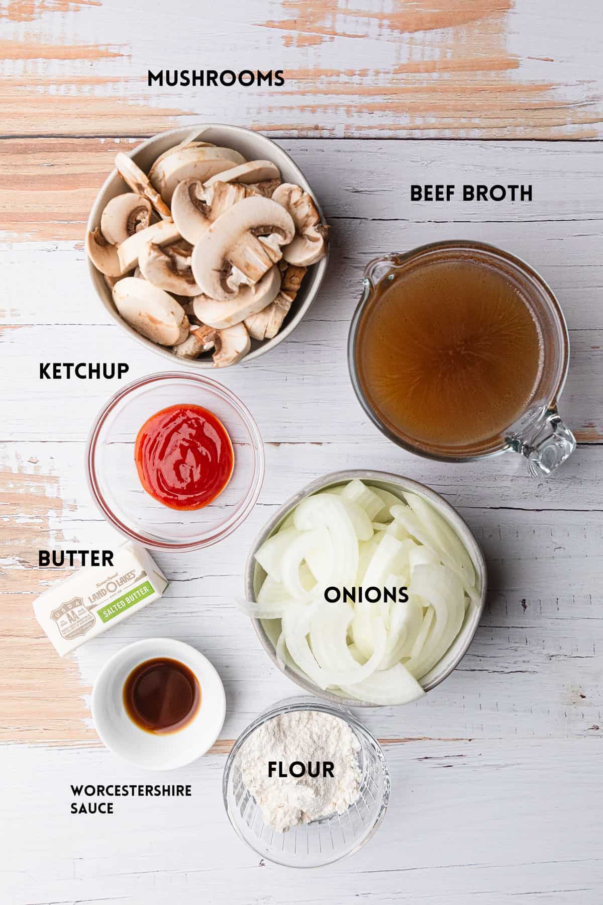 Ingredients to make the onion and mushroom gravy.