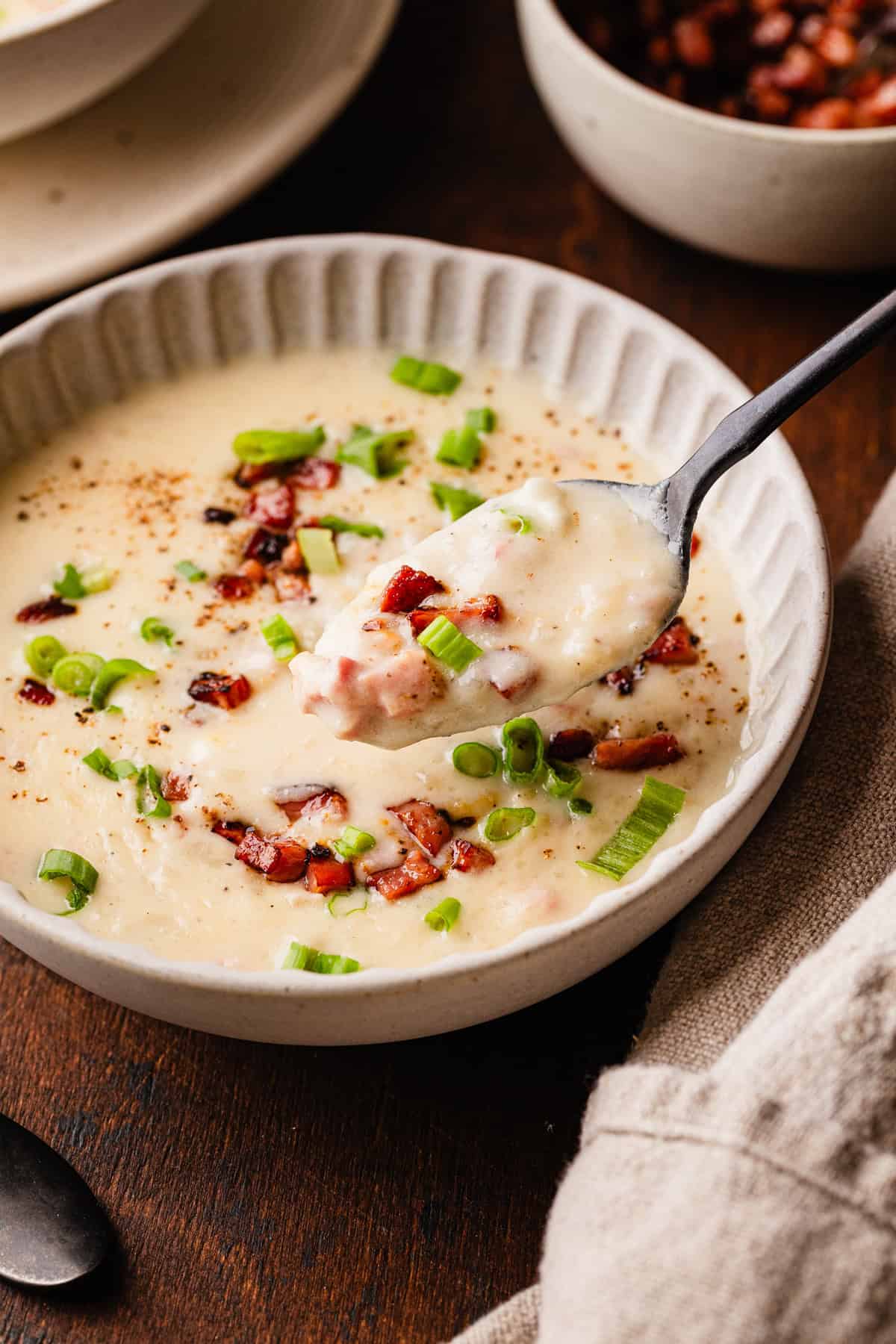 The completed potato soup with ham.