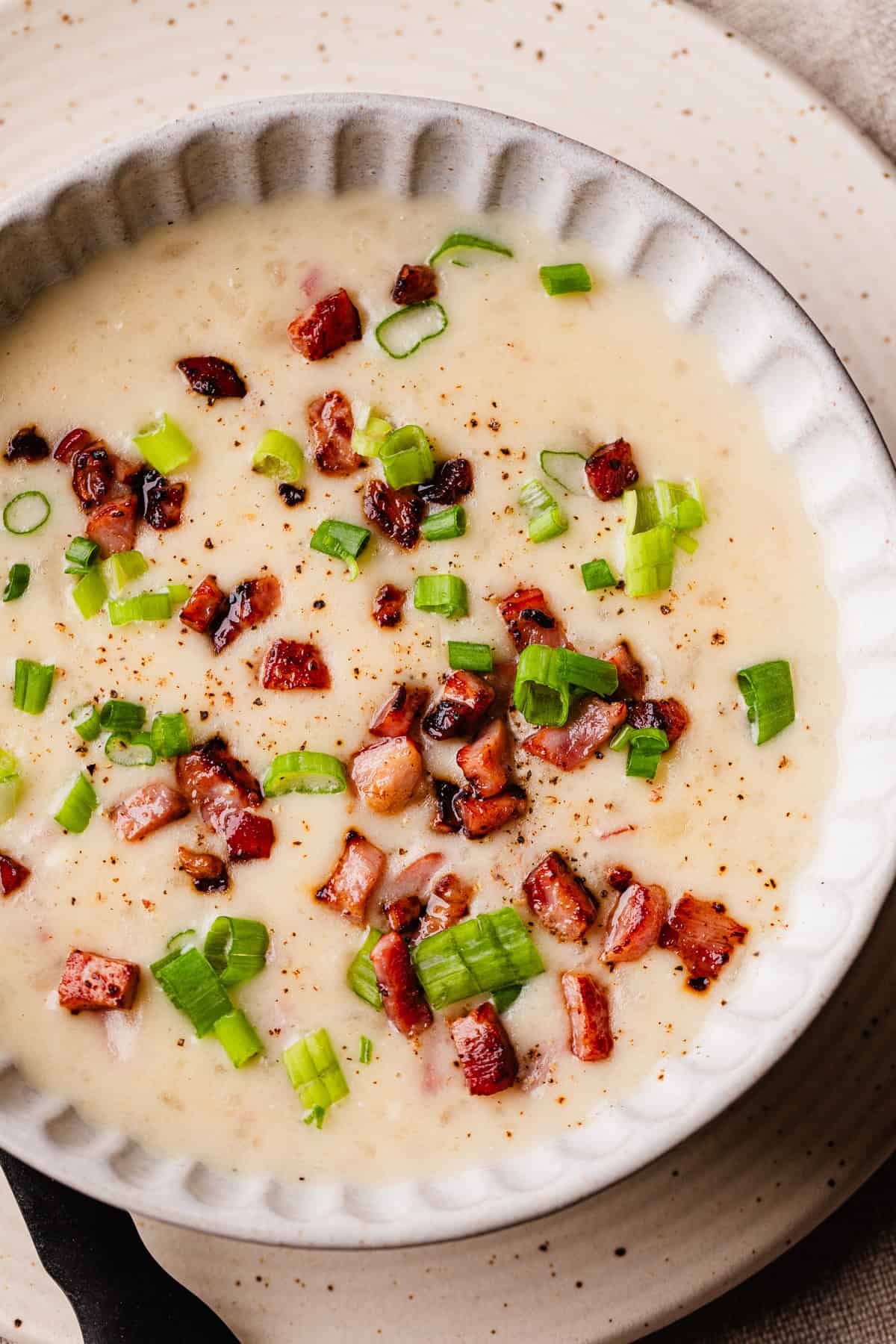 The completed potato soup recipe in a bowl.