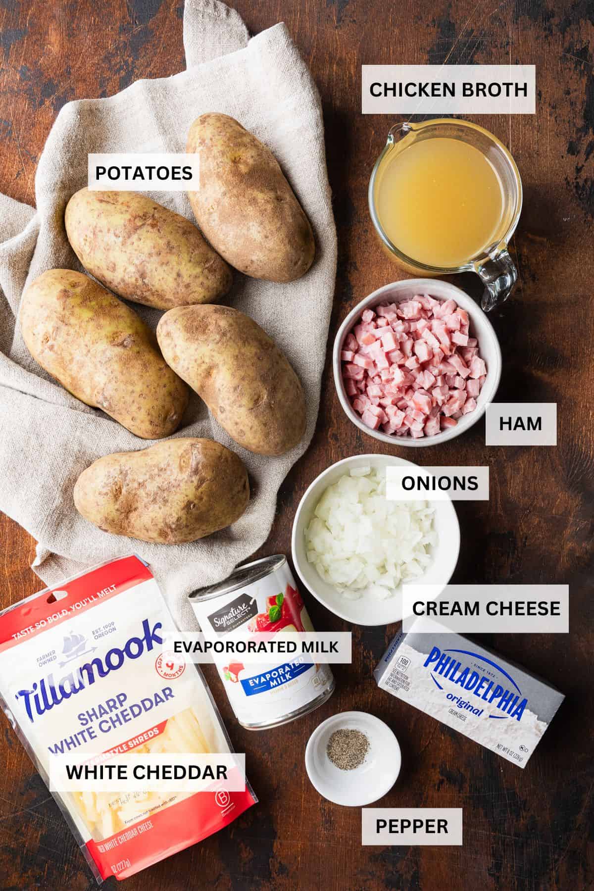 Ingredients to make ham and potato soup.