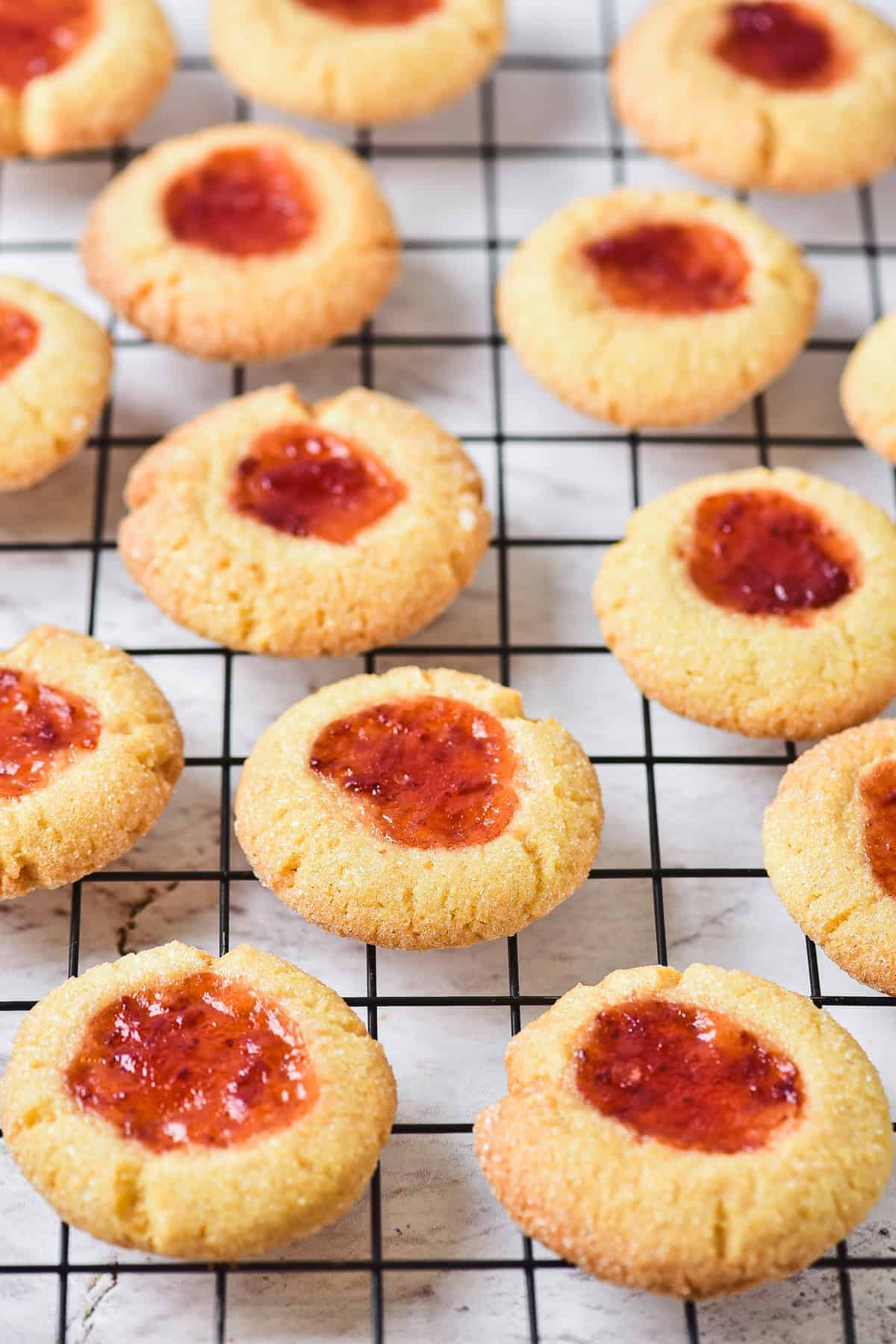 Cooling cookies on a wire rack.