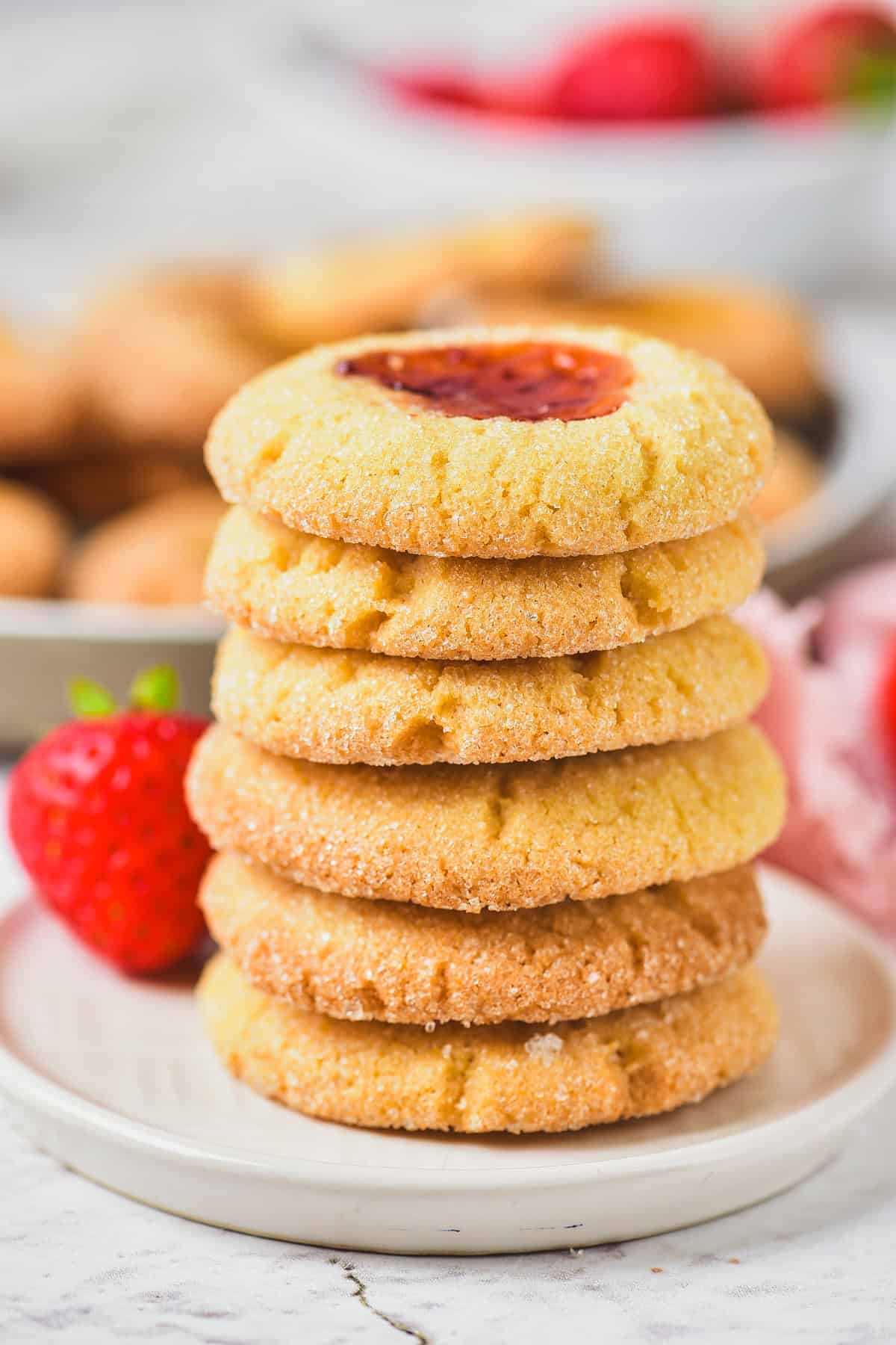 A stack of thumbprint cookies.