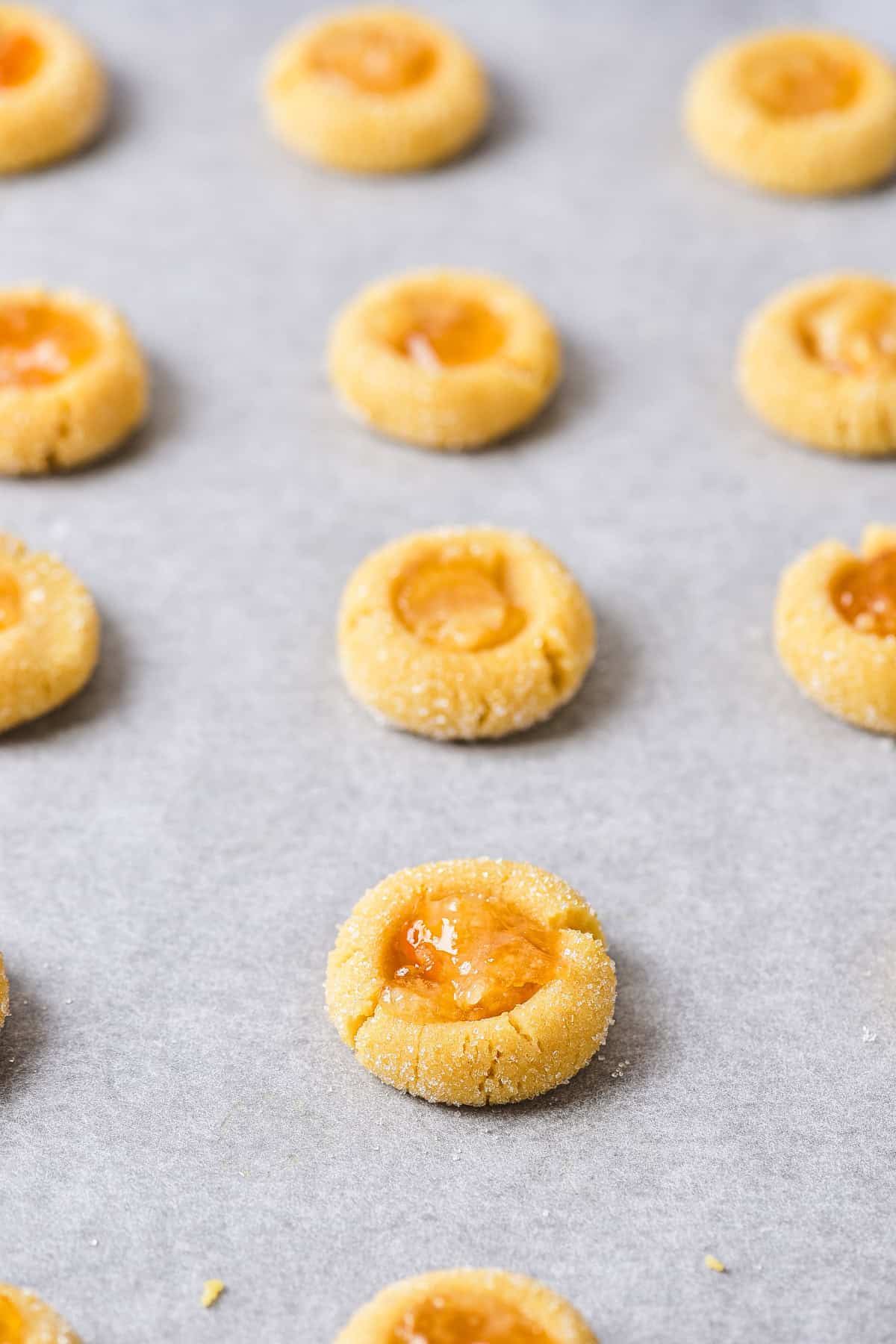 Thumbprint cookies with apricot jam centers.