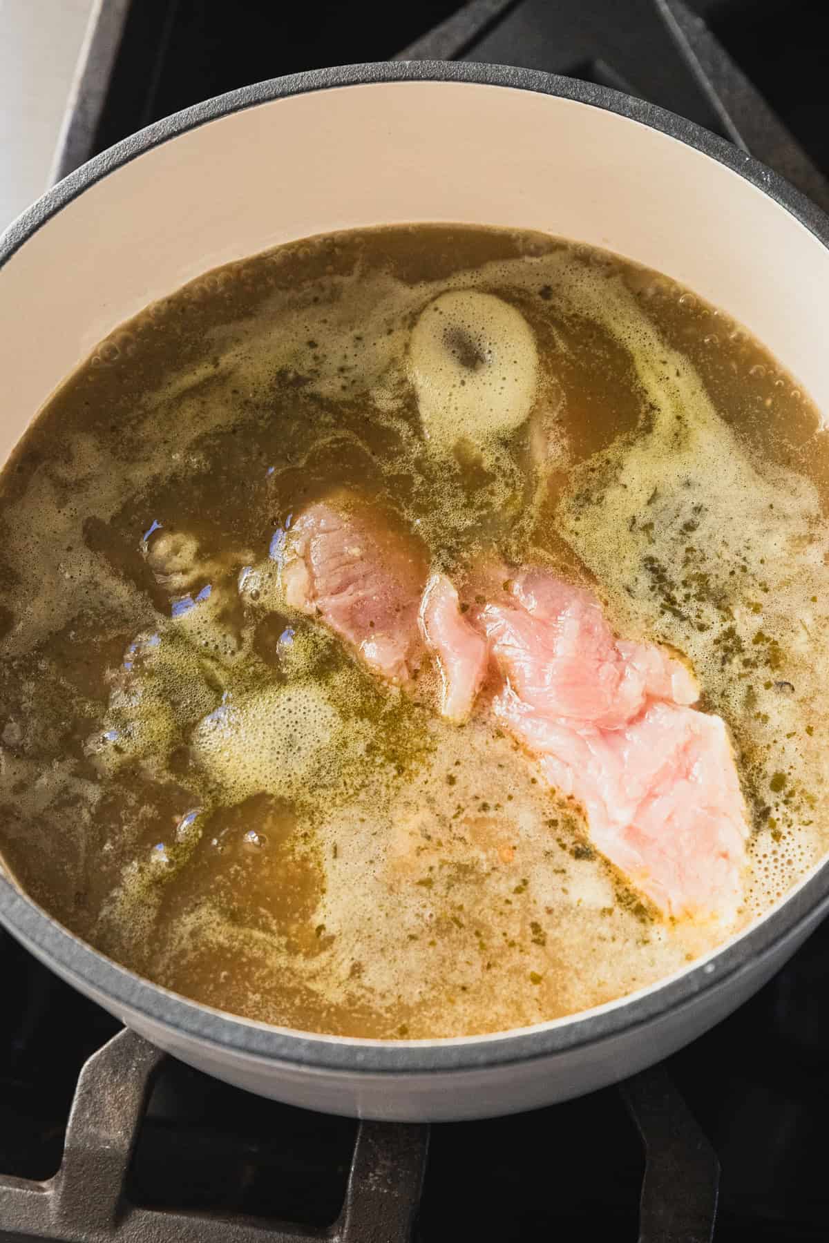 Making the soup in a large pot.