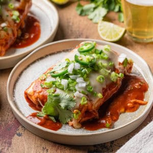 Wet beef burrito recipe completed and served on a plate.