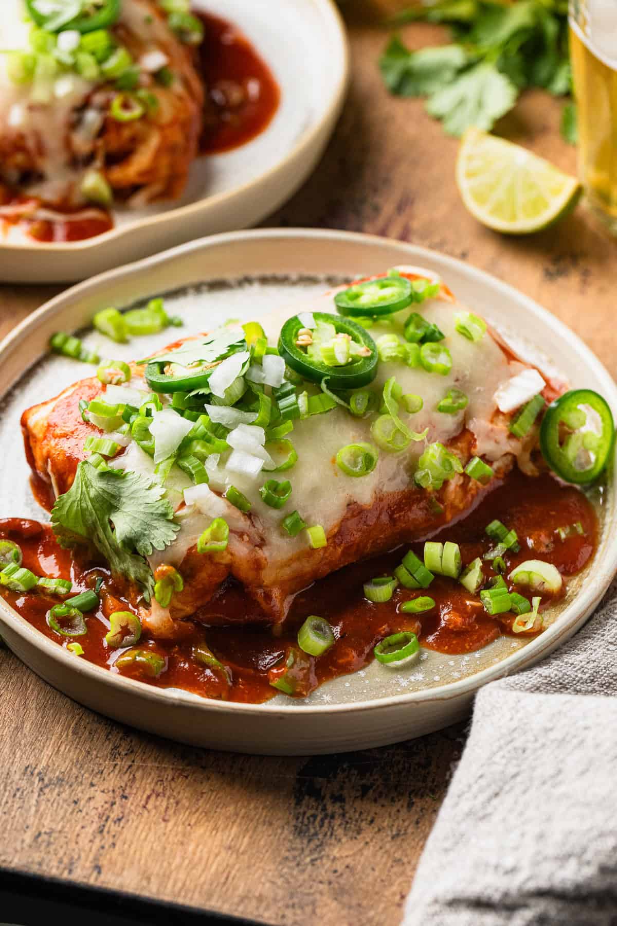 A wet burrito stuffed with bean and beans and smothered in a red sauce.