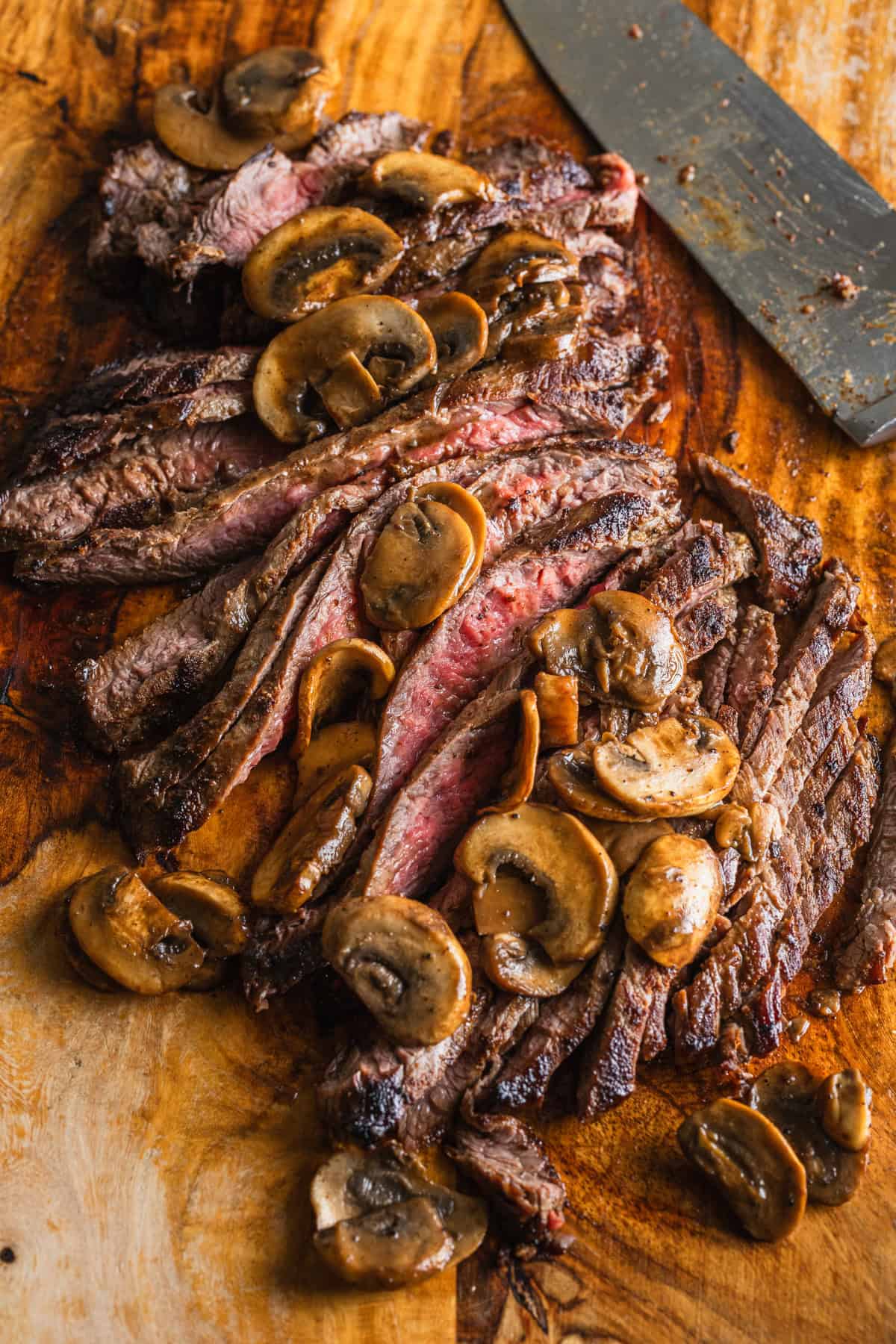 A seared flank steak cut against the grain.