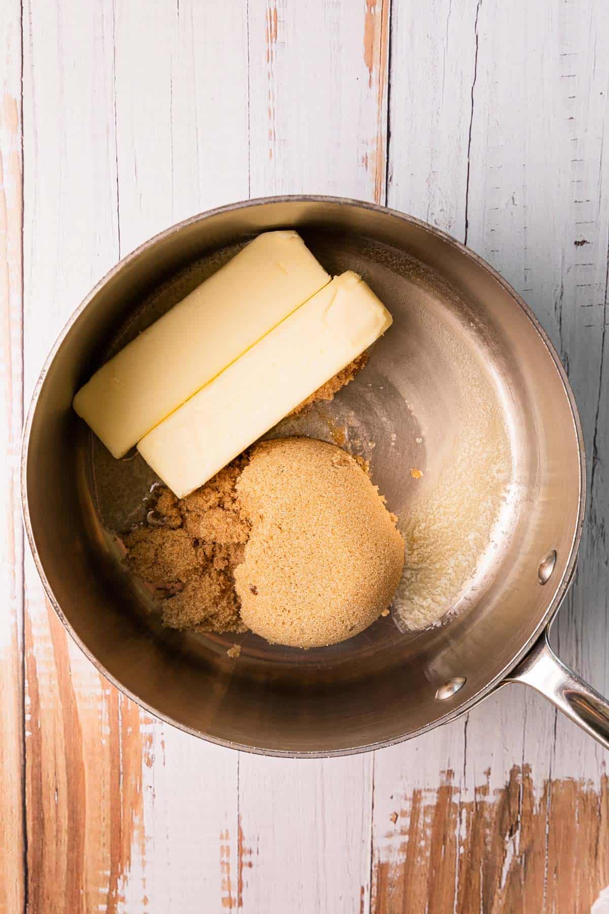 Melting butter and brown sugar together in sauce pan.