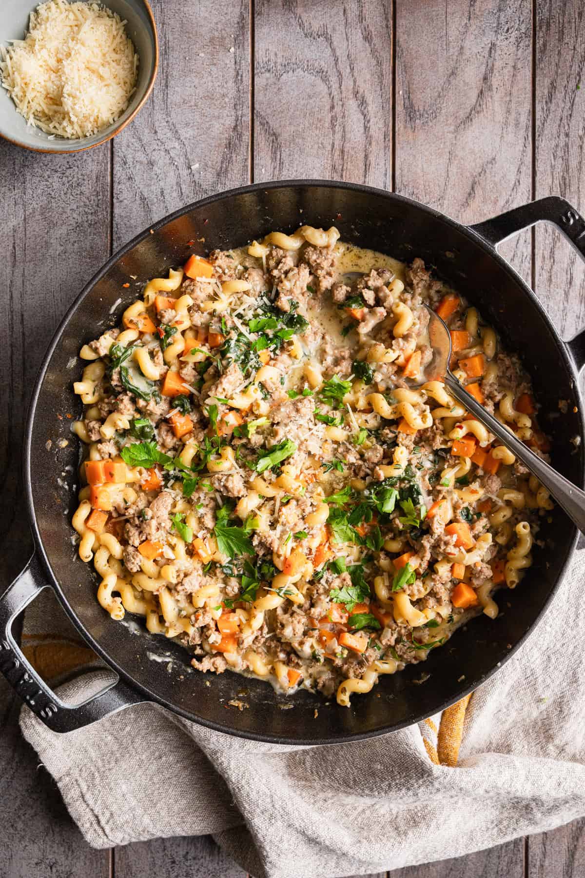 Ground turkey sweet potato recipe in a skillet.