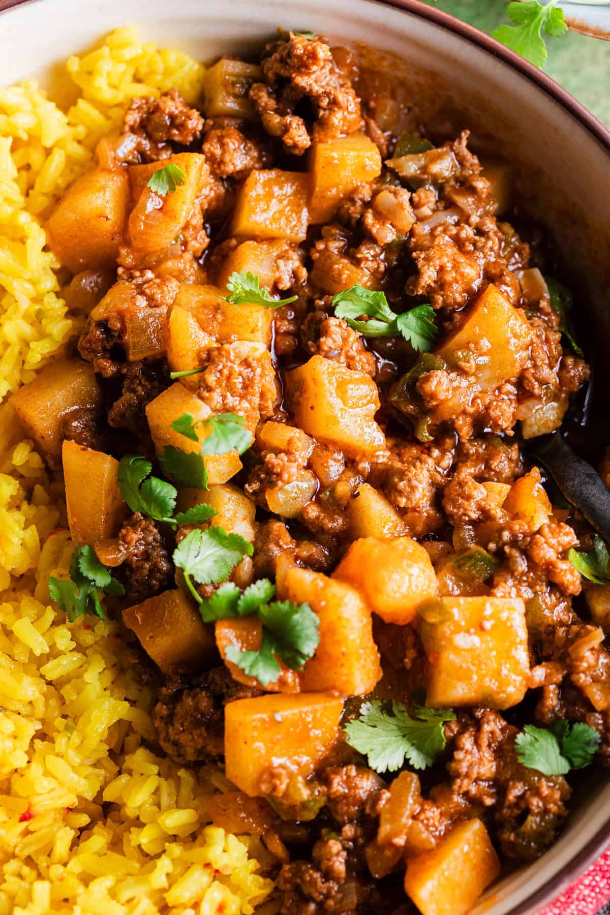 The completed mexican gournd beef and potatoes recipe in a bowl.