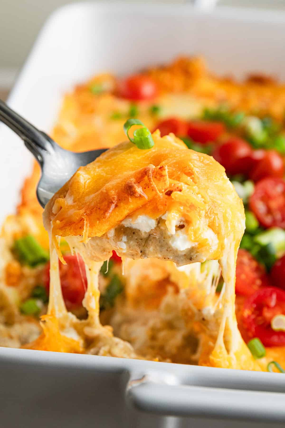 the completed chicken dorito casserole in a pan.