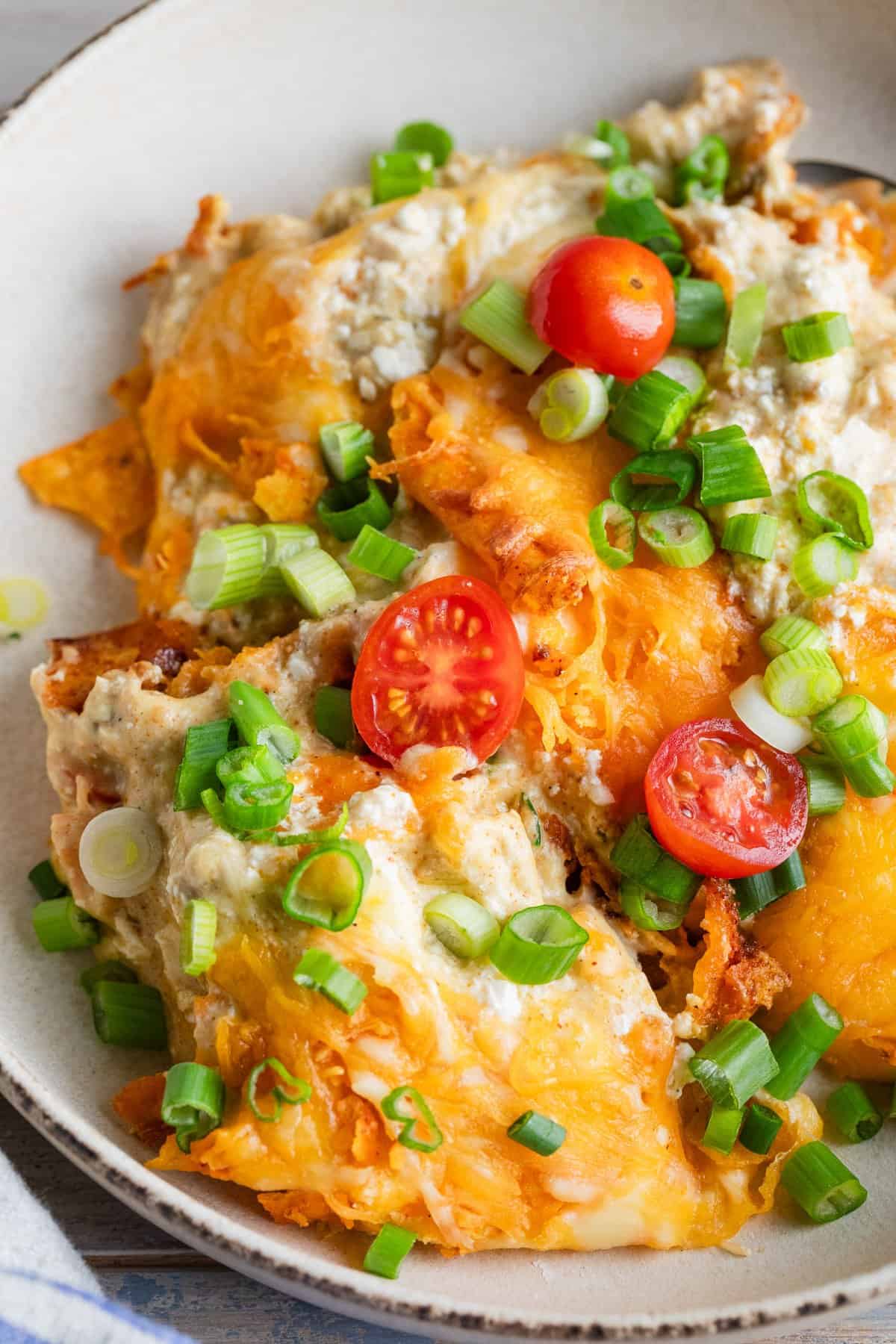 Chicken dorito casserole in a bowl.