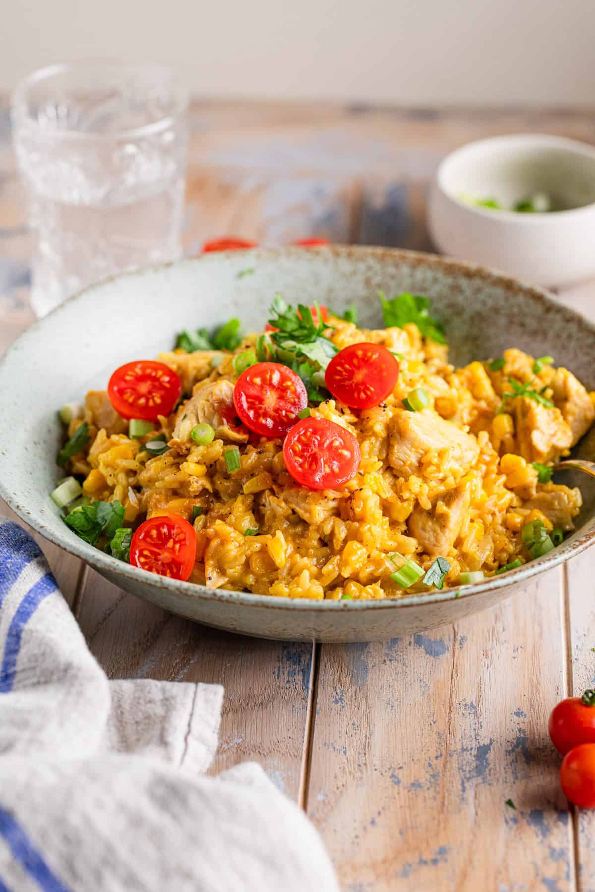 Crockpot chicken and rice casserole in a bowl.